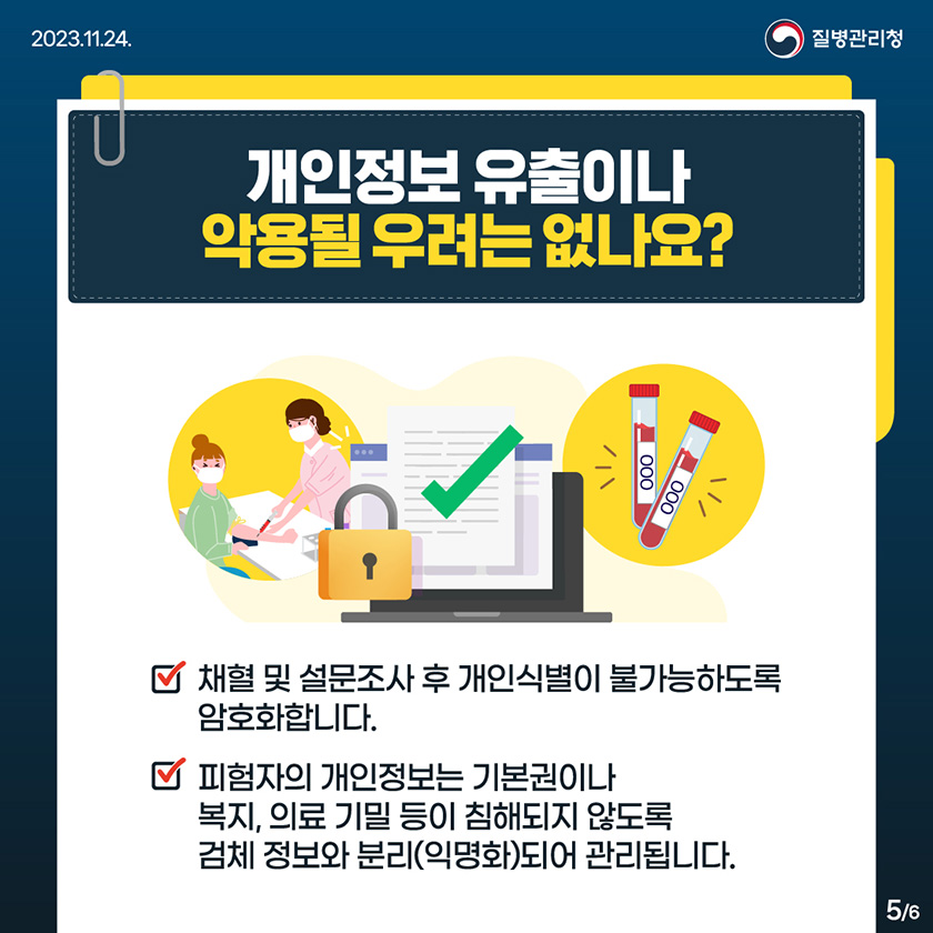 개인정보 유출이나 악용될 우려는 없나요? -채혈 및 설문조사 후 개인식별이 불가능하도록 암호화합니다. -피험자의 개인정보는 기본권이나 복지, 의료 기밀 등이 침해되지 않도록 검체 정보와 분리(익명화)되어 관리됩니다.